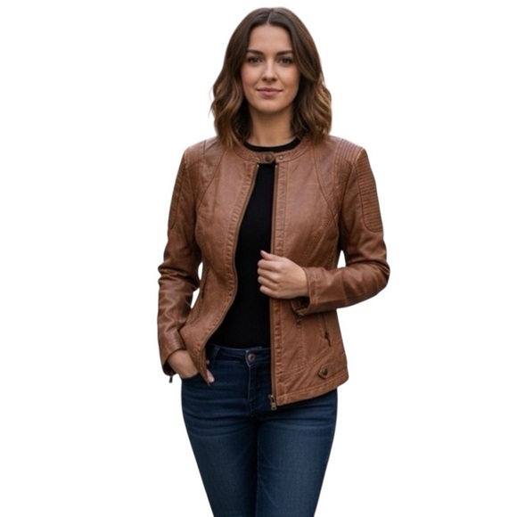 Sebby Jackets & Blazers - Sebby Women's Brown Leather Moto Jacket